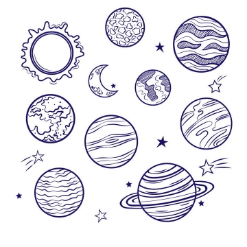 圆珠笔手绘风格太阳系八大行星天文科普图片免抠素材
