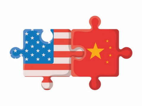 两个带有中国和美国国旗的拼图象征了中美贸易战png图片免抠素材